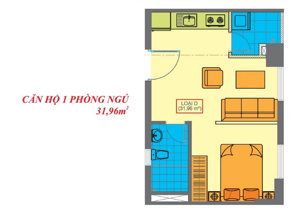 Mặt bằng chi tiết căn 1 phòng ngủ - Nhà ở xã hội Becamex VSIP 2